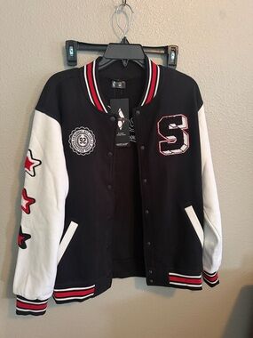 Skechers Black & White Varsity Bomber Jacket with Red Accents